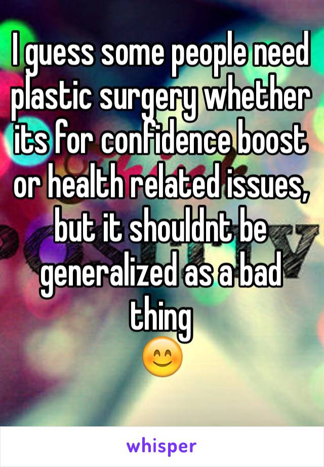 I guess some people need plastic surgery whether its for confidence boost or health related issues, but it shouldnt be generalized as a bad thing 
😊