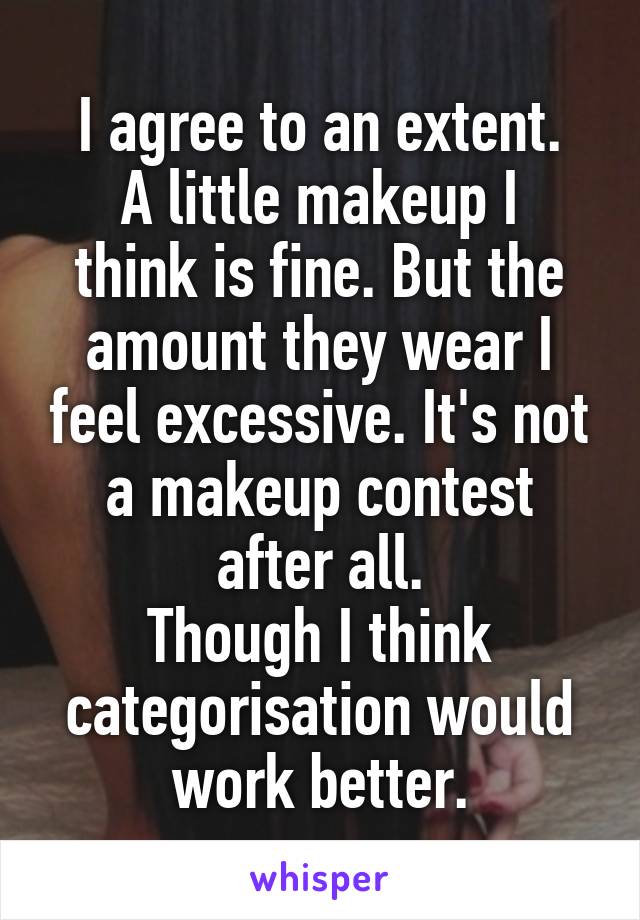 I agree to an extent.
A little makeup I think is fine. But the amount they wear I feel excessive. It's not a makeup contest after all.
Though I think categorisation would work better.