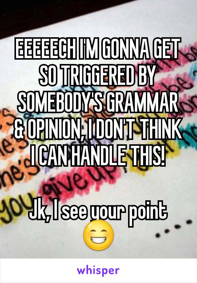 EEEEECH I'M GONNA GET SO TRIGGERED BY SOMEBODY'S GRAMMAR & OPINION, I DON'T THINK I CAN HANDLE THIS!

Jk, I see your point 😁