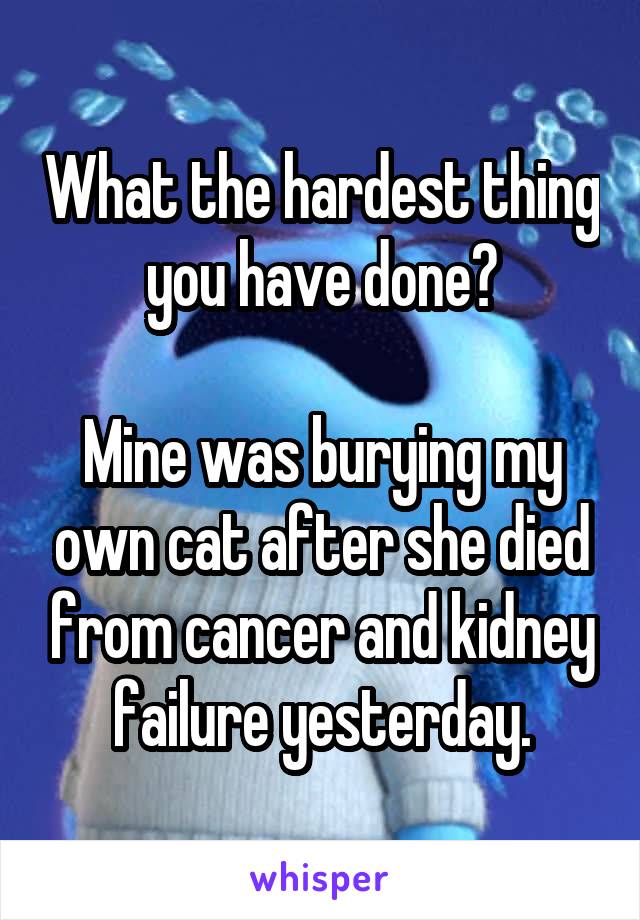 What the hardest thing you have done?

Mine was burying my own cat after she died from cancer and kidney failure yesterday.
