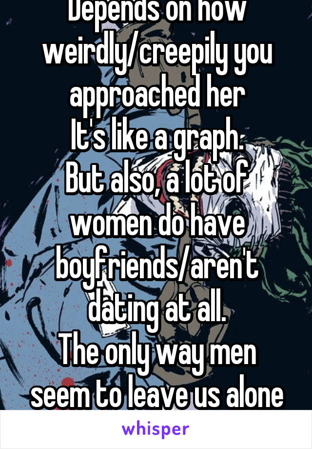 Depends on how weirdly/creepily you approached her
It's like a graph.
But also, a lot of women do have boyfriends/aren't dating at all.
The only way men seem to leave us alone is by saying we're taken