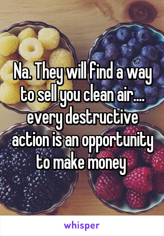 Na. They will find a way to sell you clean air.... every destructive action is an opportunity to make money 