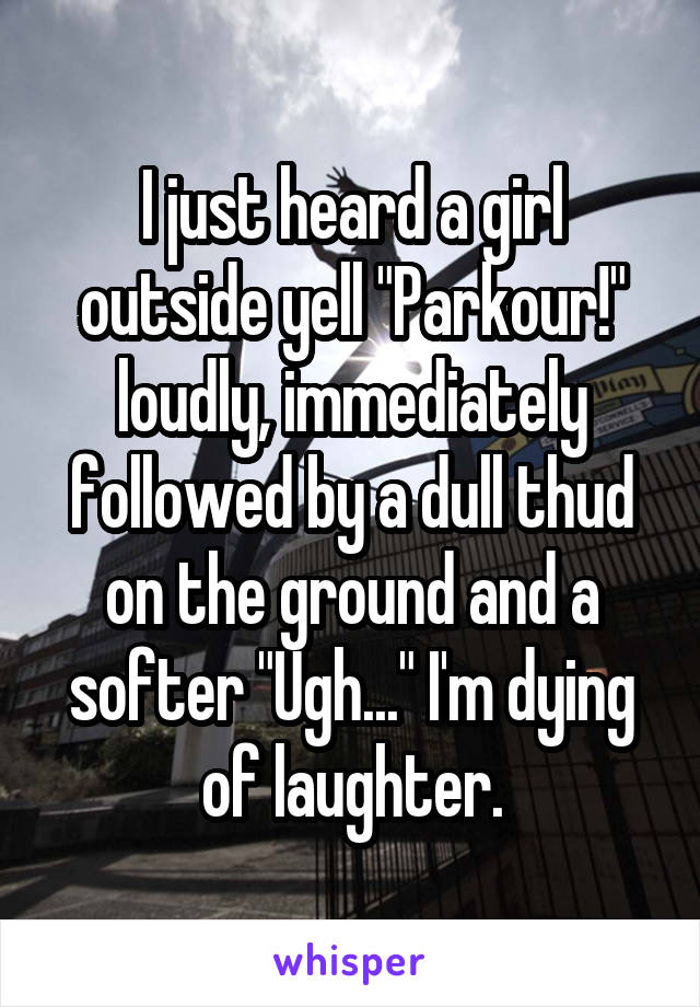 I just heard a girl outside yell "Parkour!" loudly, immediately followed by a dull thud on the ground and a softer "Ugh..." I'm dying of laughter.