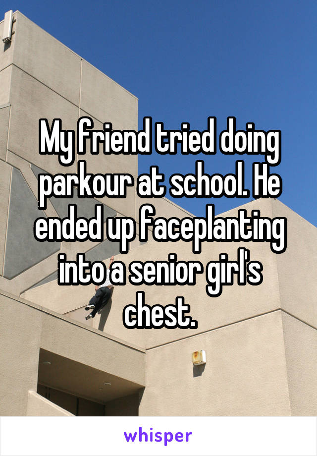 My friend tried doing parkour at school. He ended up faceplanting into a senior girl's chest.