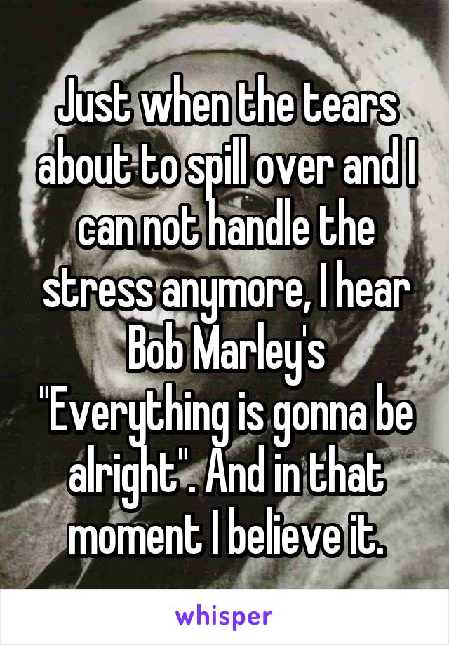 Just when the tears about to spill over and I can not handle the stress anymore, I hear Bob Marley's "Everything is gonna be alright". And in that moment I believe it.