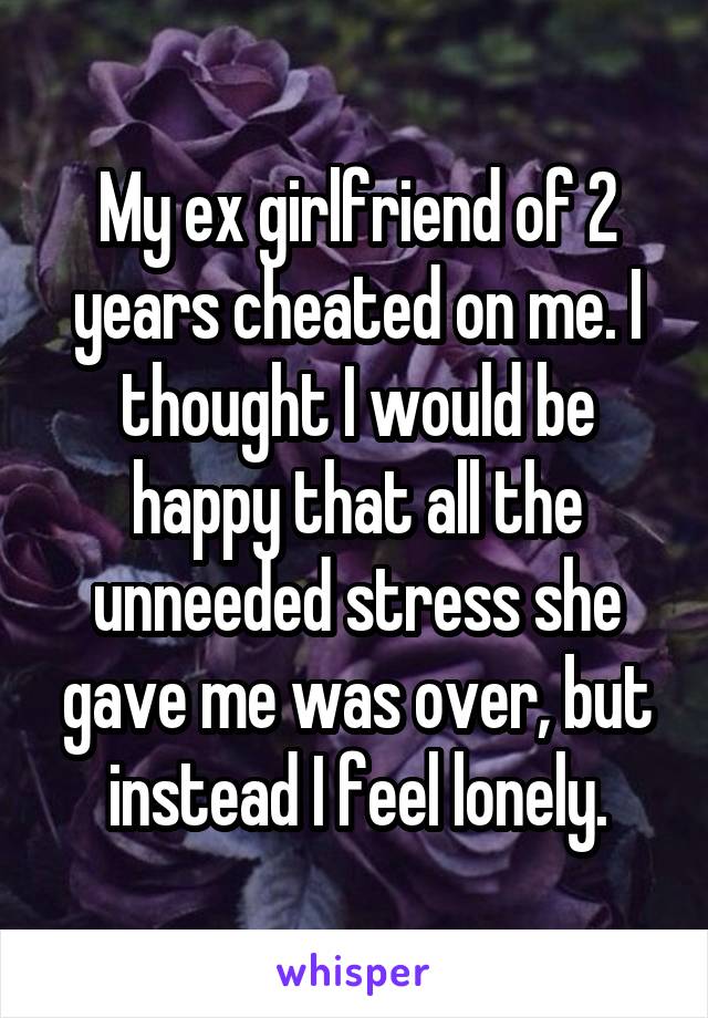 My ex girlfriend of 2 years cheated on me. I thought I would be happy that all the unneeded stress she gave me was over, but instead I feel lonely.