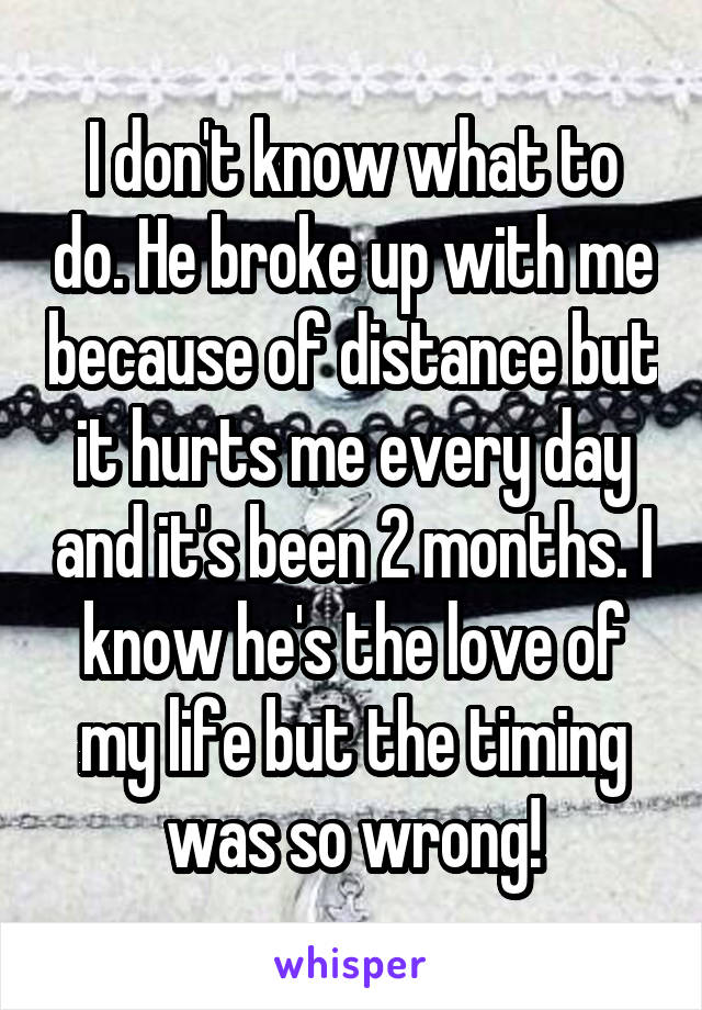 I don't know what to do. He broke up with me because of distance but it hurts me every day and it's been 2 months. I know he's the love of my life but the timing was so wrong!