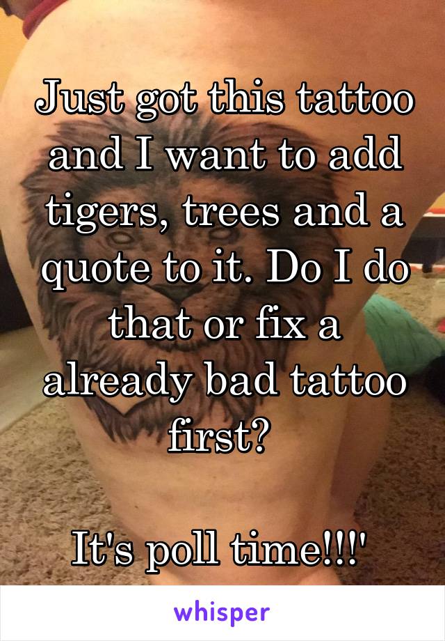 Just got this tattoo and I want to add tigers, trees and a quote to it. Do I do that or fix a already bad tattoo first? 

It's poll time!!!' 