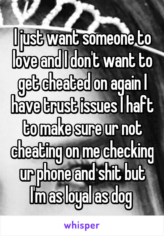 I just want someone to love and I don't want to get cheated on again I have trust issues I haft to make sure ur not cheating on me checking ur phone and shit but I'm as loyal as dog 