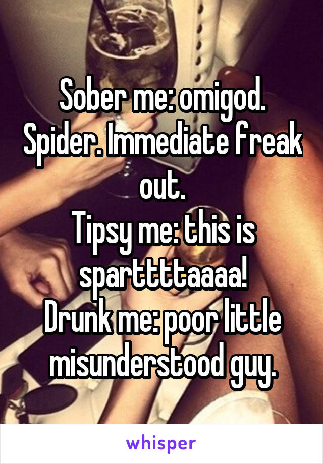 Sober me: omigod. Spider. Immediate freak out.
Tipsy me: this is sparttttaaaa!
Drunk me: poor little misunderstood guy.