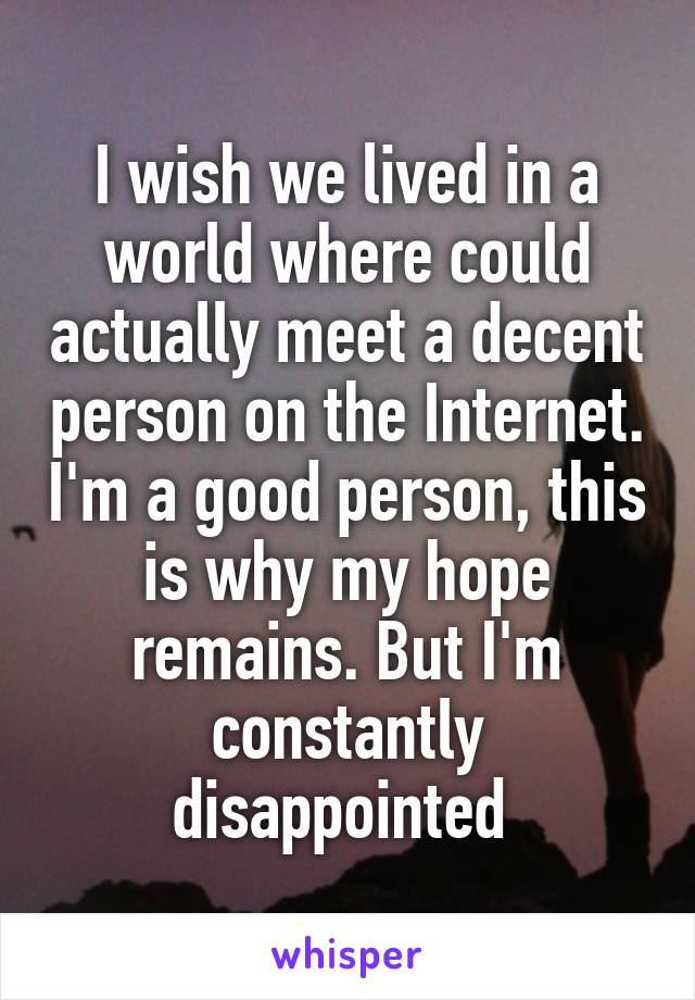 I wish we lived in a world where could actually meet a decent person on the Internet. I'm a good person, this is why my hope remains. But I'm constantly disappointed 