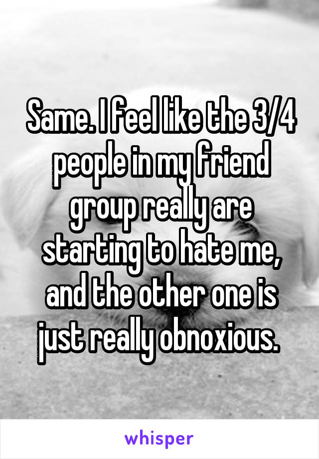 Same. I feel like the 3/4 people in my friend group really are starting to hate me, and the other one is just really obnoxious. 