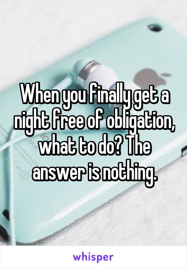 When you finally get a night free of obligation, what to do? The answer is nothing.