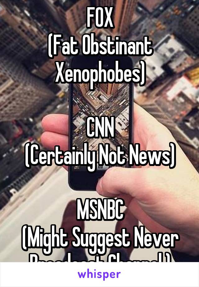 FOX
(Fat Obstinant Xenophobes)

CNN
(Certainly Not News)

MSNBC
(Might Suggest Never Broadcast Channel )