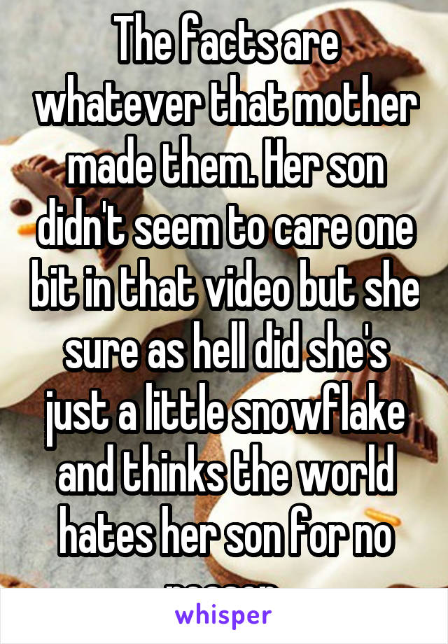 The facts are whatever that mother made them. Her son didn't seem to care one bit in that video but she sure as hell did she's just a little snowflake and thinks the world hates her son for no reason 