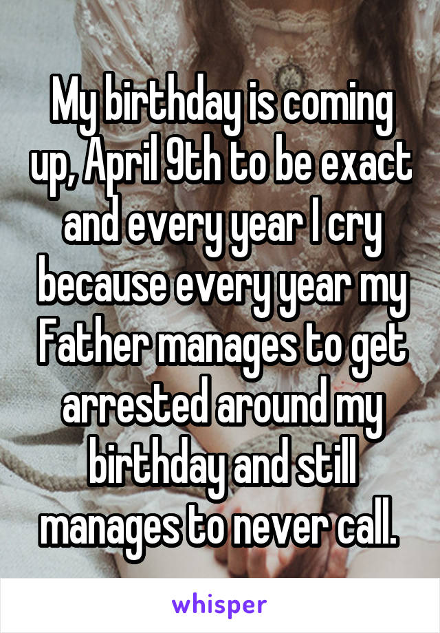 My birthday is coming up, April 9th to be exact and every year I cry because every year my Father manages to get arrested around my birthday and still manages to never call. 