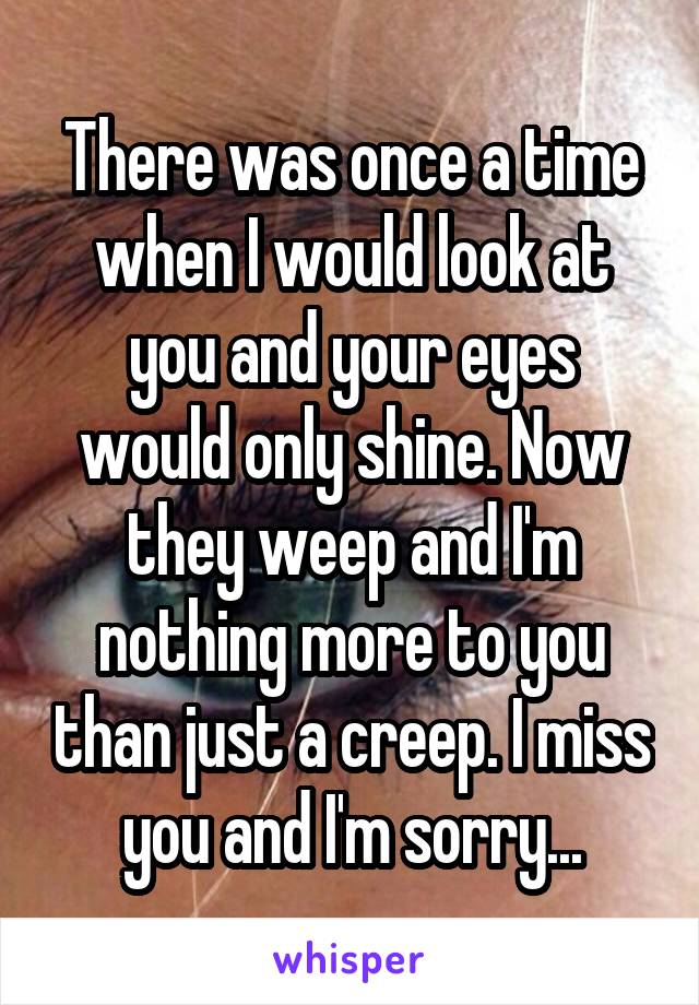 There was once a time when I would look at you and your eyes would only shine. Now they weep and I'm nothing more to you than just a creep. I miss you and I'm sorry...