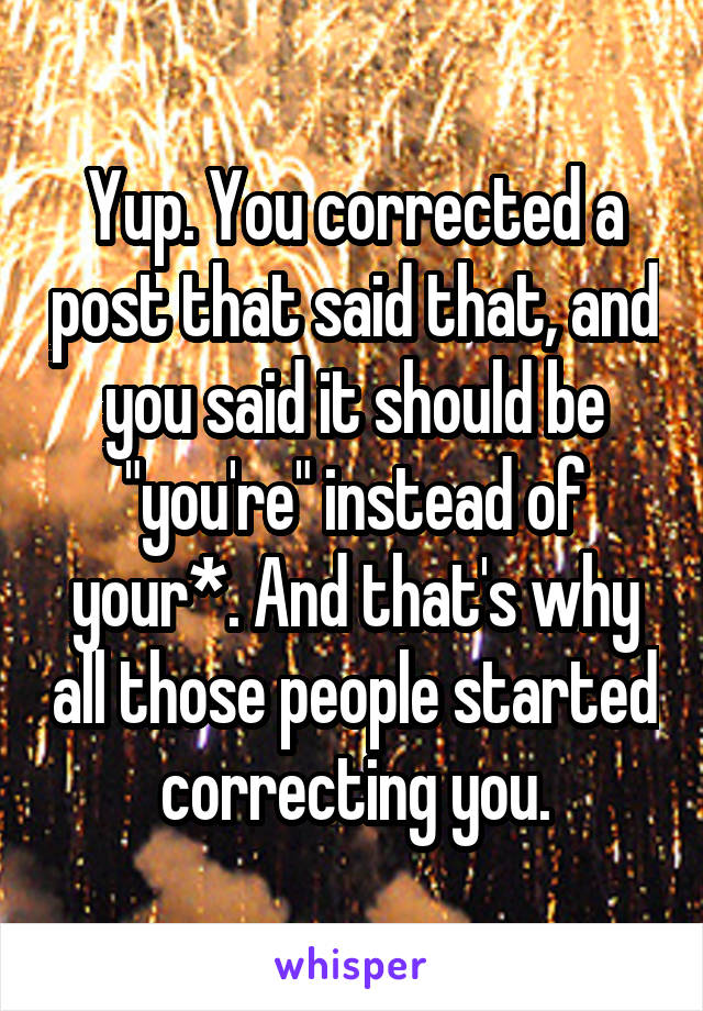 Yup. You corrected a post that said that, and you said it should be "you're" instead of your*. And that's why all those people started correcting you.