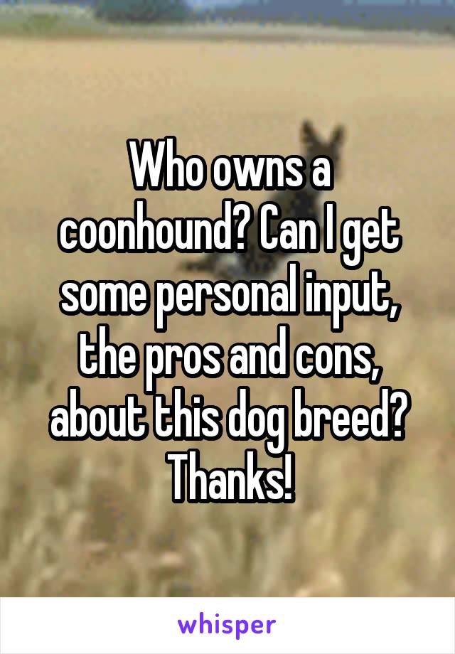 Who owns a coonhound? Can I get some personal input, the pros and cons, about this dog breed?
Thanks!