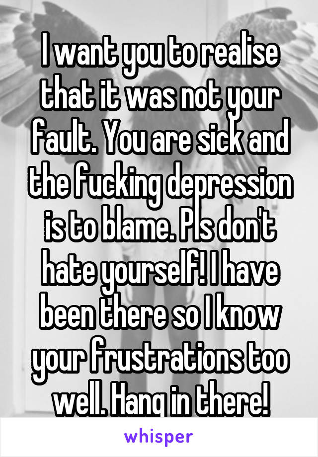 I want you to realise that it was not your fault. You are sick and the fucking depression is to blame. Pls don't hate yourself! I have been there so I know your frustrations too well. Hang in there!