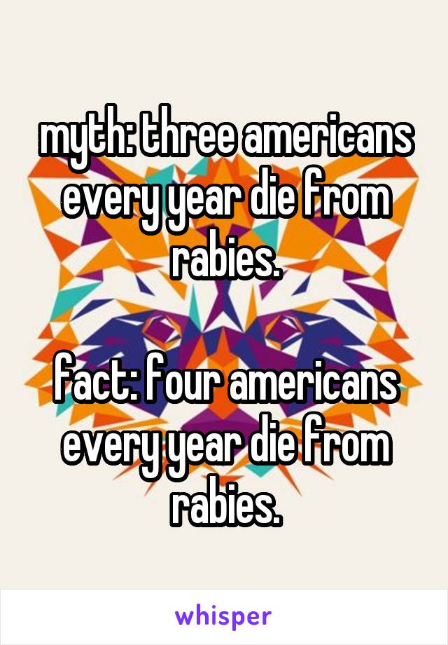 myth: three americans every year die from rabies.

fact: four americans every year die from rabies.