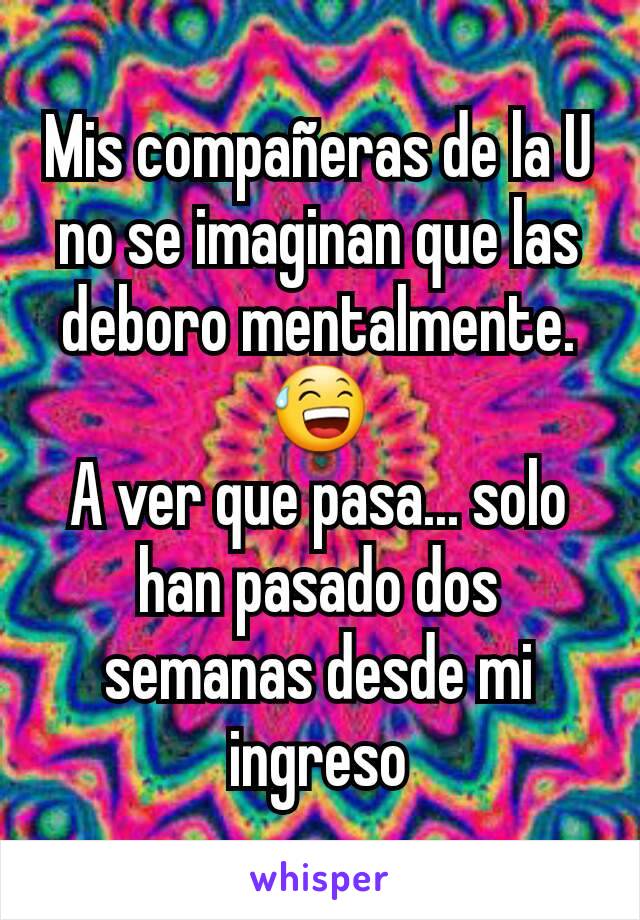 Mis compañeras de la U no se imaginan que las deboro mentalmente.
😅
A ver que pasa... solo han pasado dos semanas desde mi ingreso