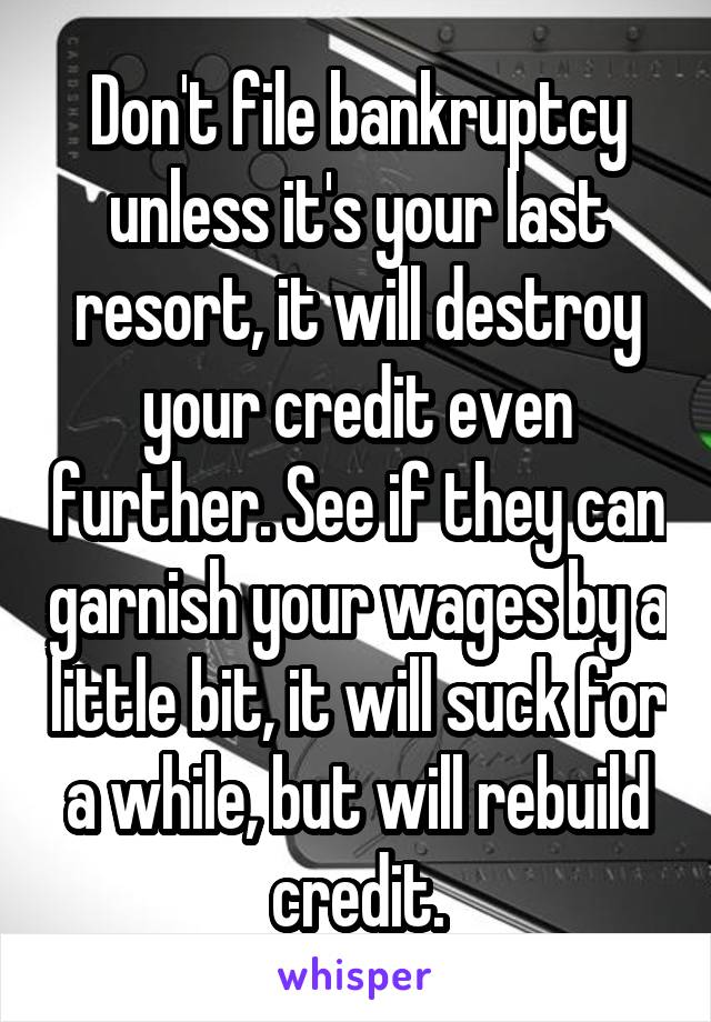 Don't file bankruptcy unless it's your last resort, it will destroy your credit even further. See if they can garnish your wages by a little bit, it will suck for a while, but will rebuild credit.