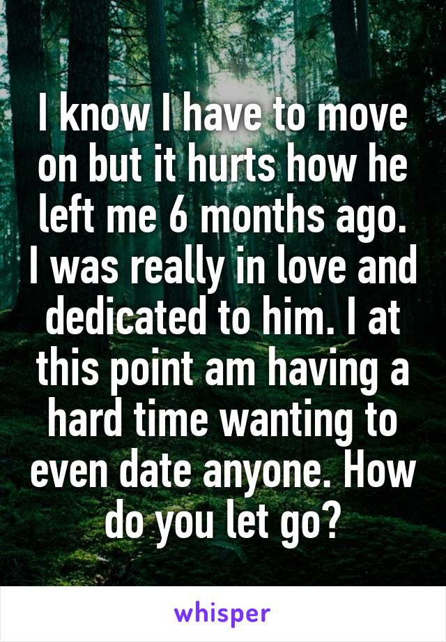 I know I have to move on but it hurts how he left me 6 months ago. I was really in love and dedicated to him. I at this point am having a hard time wanting to even date anyone. How do you let go?