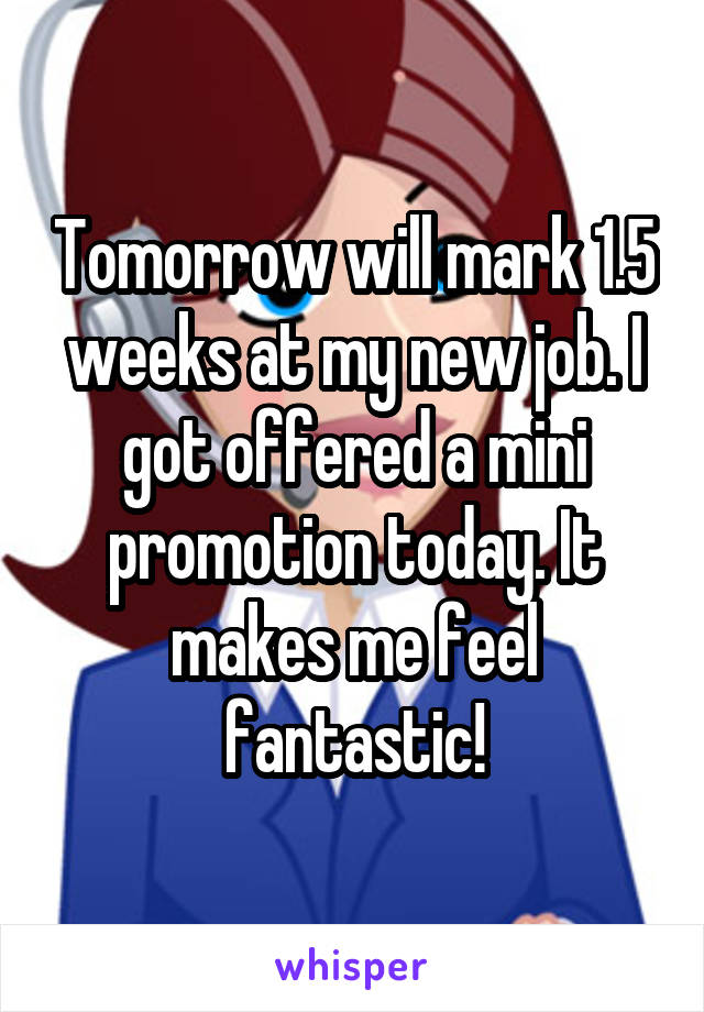 Tomorrow will mark 1.5 weeks at my new job. I got offered a mini promotion today. It makes me feel fantastic!