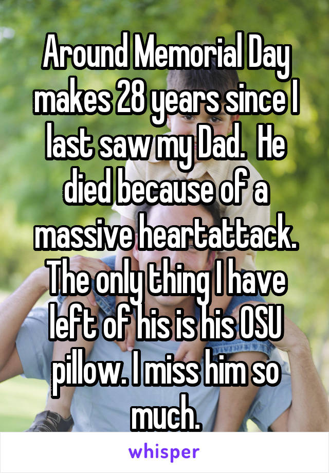 Around Memorial Day makes 28 years since I last saw my Dad.  He died because of a massive heartattack. The only thing I have left of his is his OSU pillow. I miss him so much.