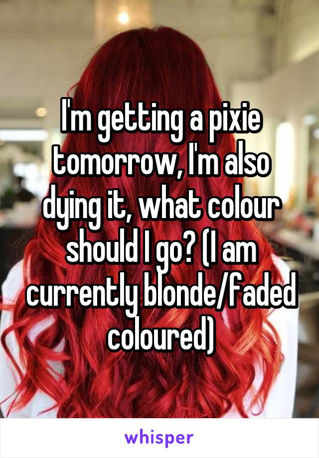 I'm getting a pixie tomorrow, I'm also dying it, what colour should I go? (I am currently blonde/faded coloured)