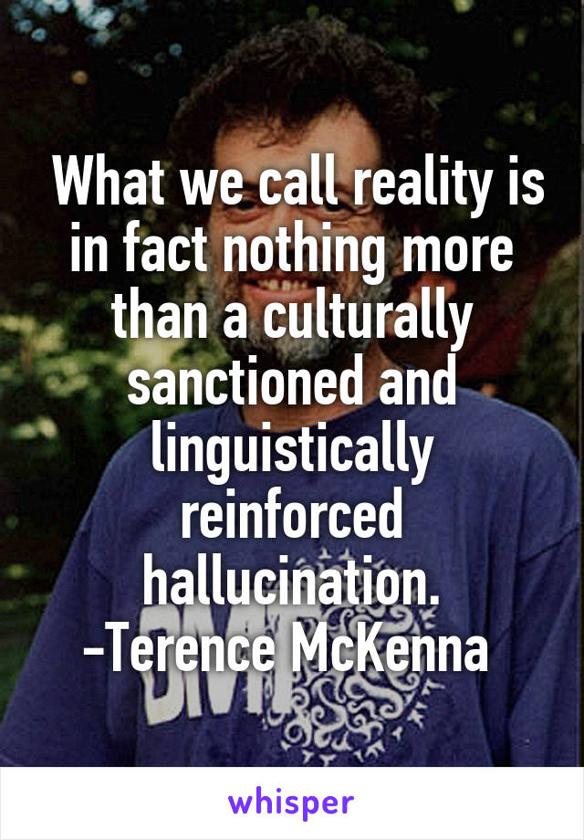  What we call reality is in fact nothing more than a culturally sanctioned and linguistically reinforced hallucination.
-Terence McKenna 