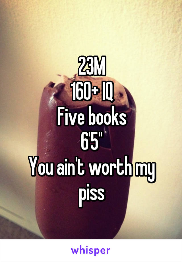 23M
160+ IQ
Five books
6'5"
You ain't worth my piss