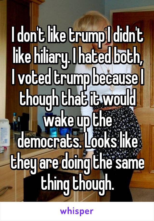 I don't like trump I didn't like hiliary. I hated both, I voted trump because I though that it would wake up the democrats. Looks like they are doing the same thing though.