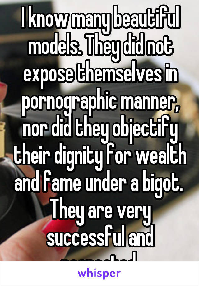 I know many beautiful models. They did not expose themselves in pornographic manner, nor did they objectify their dignity for wealth and fame under a bigot.  They are very successful and respected.