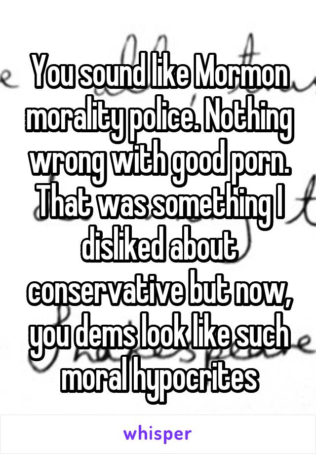 You sound like Mormon morality police. Nothing wrong with good porn. That was something I disliked about conservative but now, you dems look like such moral hypocrites