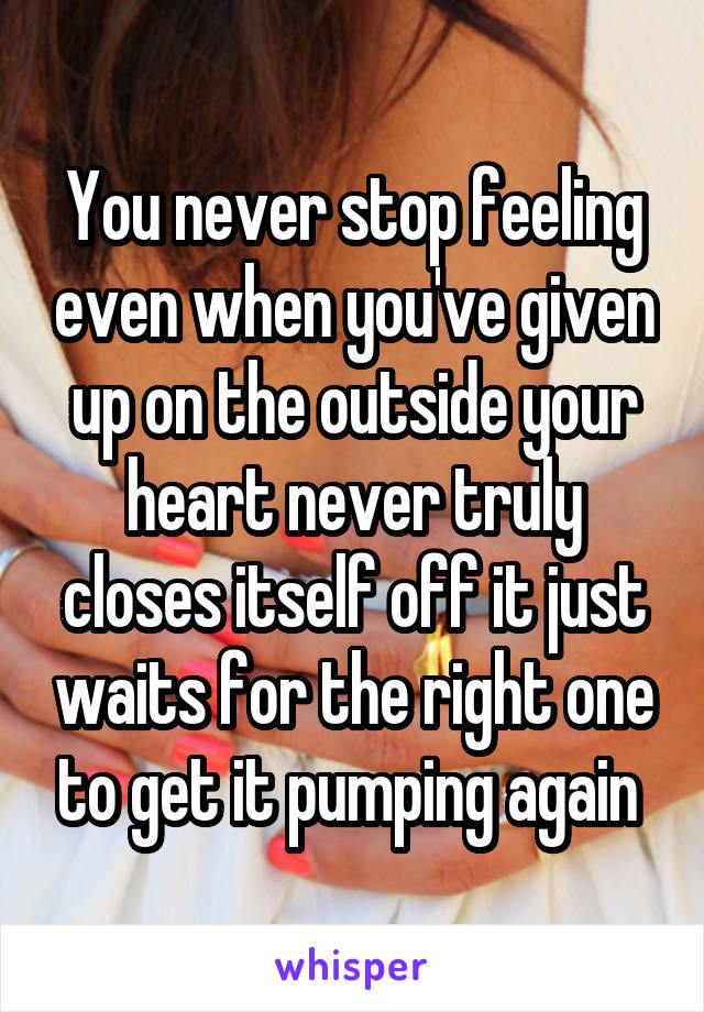 You never stop feeling even when you've given up on the outside your heart never truly closes itself off it just waits for the right one to get it pumping again 