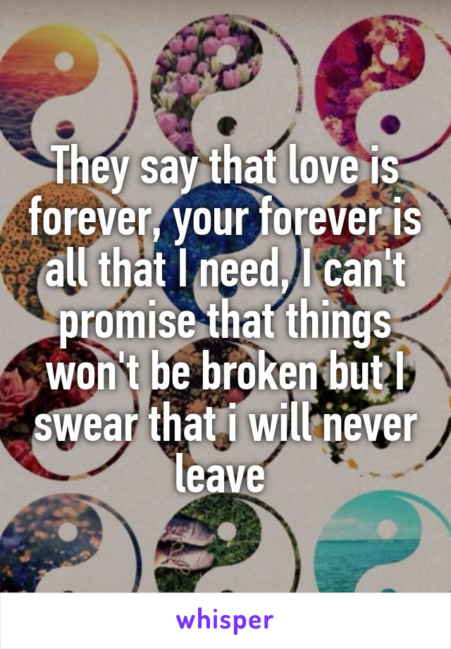 They say that love is forever, your forever is all that I need, I can't promise that things won't be broken but I swear that i will never leave 