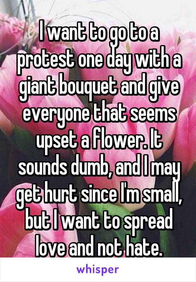 I want to go to a protest one day with a giant bouquet and give everyone that seems upset a flower. It sounds dumb, and I may get hurt since I'm small, but I want to spread love and not hate.