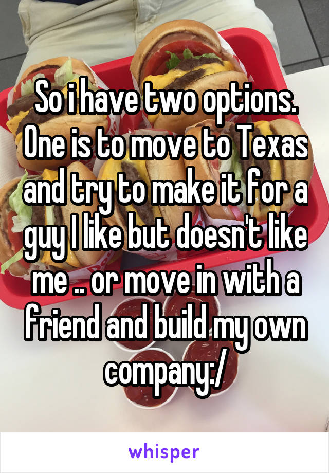 So i have two options. One is to move to Texas and try to make it for a guy I like but doesn't like me .. or move in with a friend and build my own company:/