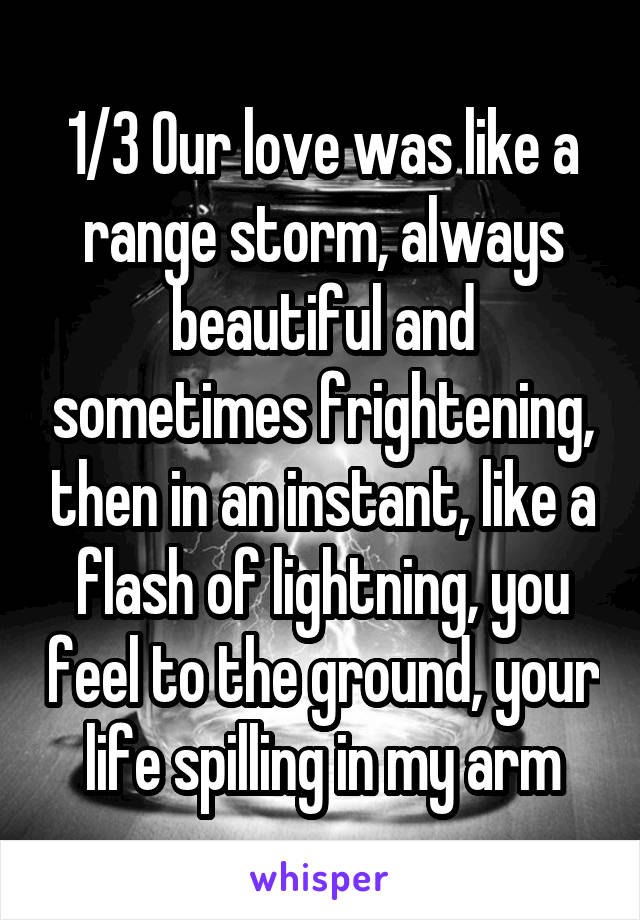 1/3 Our love was like a range storm, always beautiful and sometimes frightening, then in an instant, like a flash of lightning, you feel to the ground, your life spilling in my arm