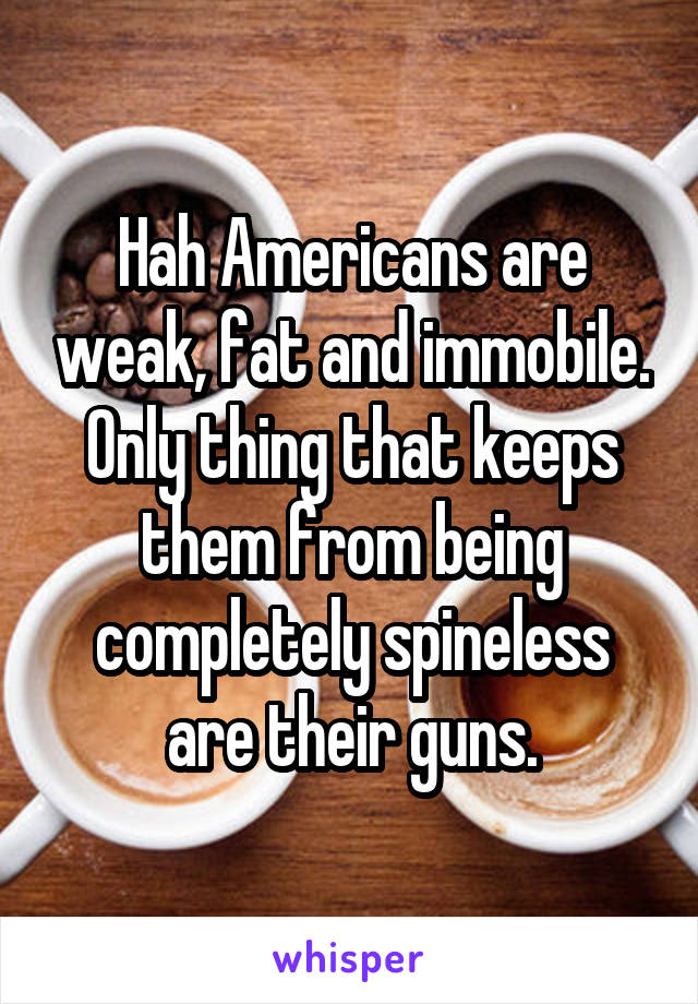 Hah Americans are weak, fat and immobile. Only thing that keeps them from being completely spineless are their guns.