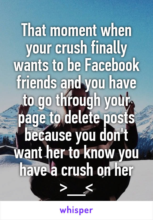 That moment when your crush finally wants to be Facebook friends and you have to go through your page to delete posts because you don't want her to know you have a crush on her
>__<