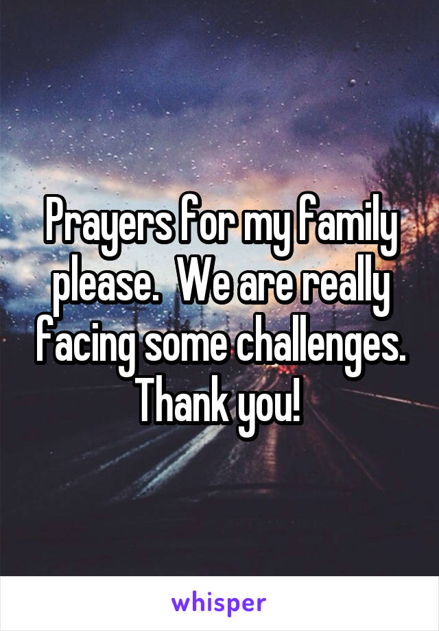 Prayers for my family please.  We are really facing some challenges.
Thank you! 