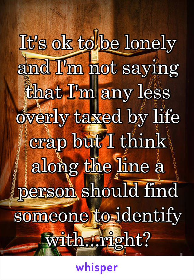 It's ok to be lonely and I'm not saying that I'm any less overly taxed by life crap but I think along the line a person should find someone to identify with...right?