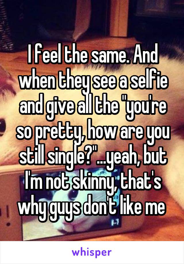 I feel the same. And when they see a selfie and give all the "you're so pretty, how are you still single?"...yeah, but I'm not skinny, that's why guys don't like me 