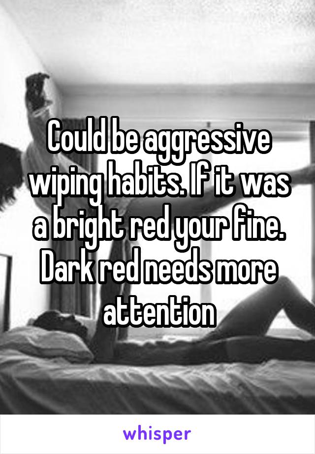 Could be aggressive wiping habits. If it was a bright red your fine. Dark red needs more attention