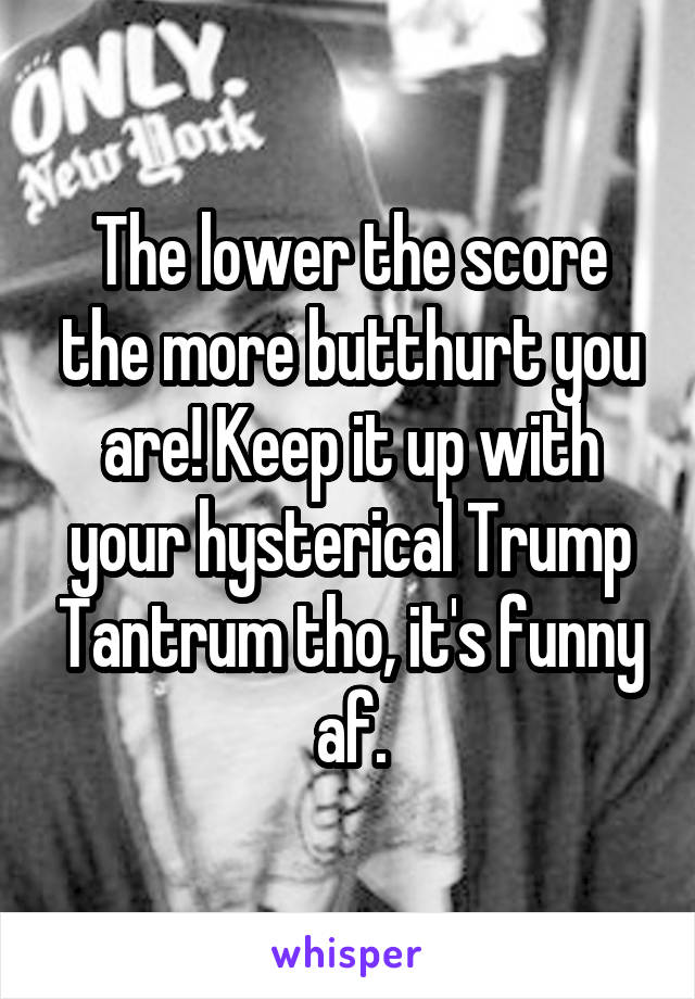 The lower the score the more butthurt you are! Keep it up with your hysterical Trump Tantrum tho, it's funny af.