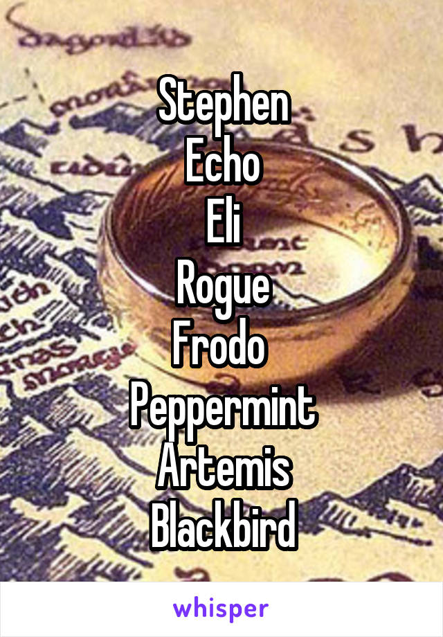 Stephen
Echo
Eli
Rogue
Frodo 
Peppermint
Artemis
Blackbird