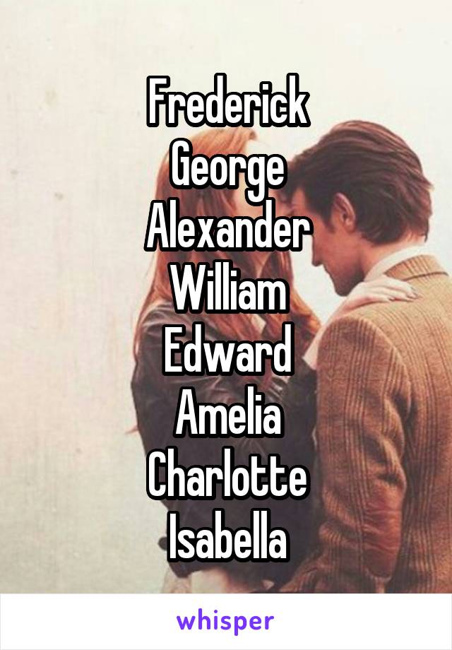 Frederick
George
Alexander
William
Edward
Amelia
Charlotte
Isabella